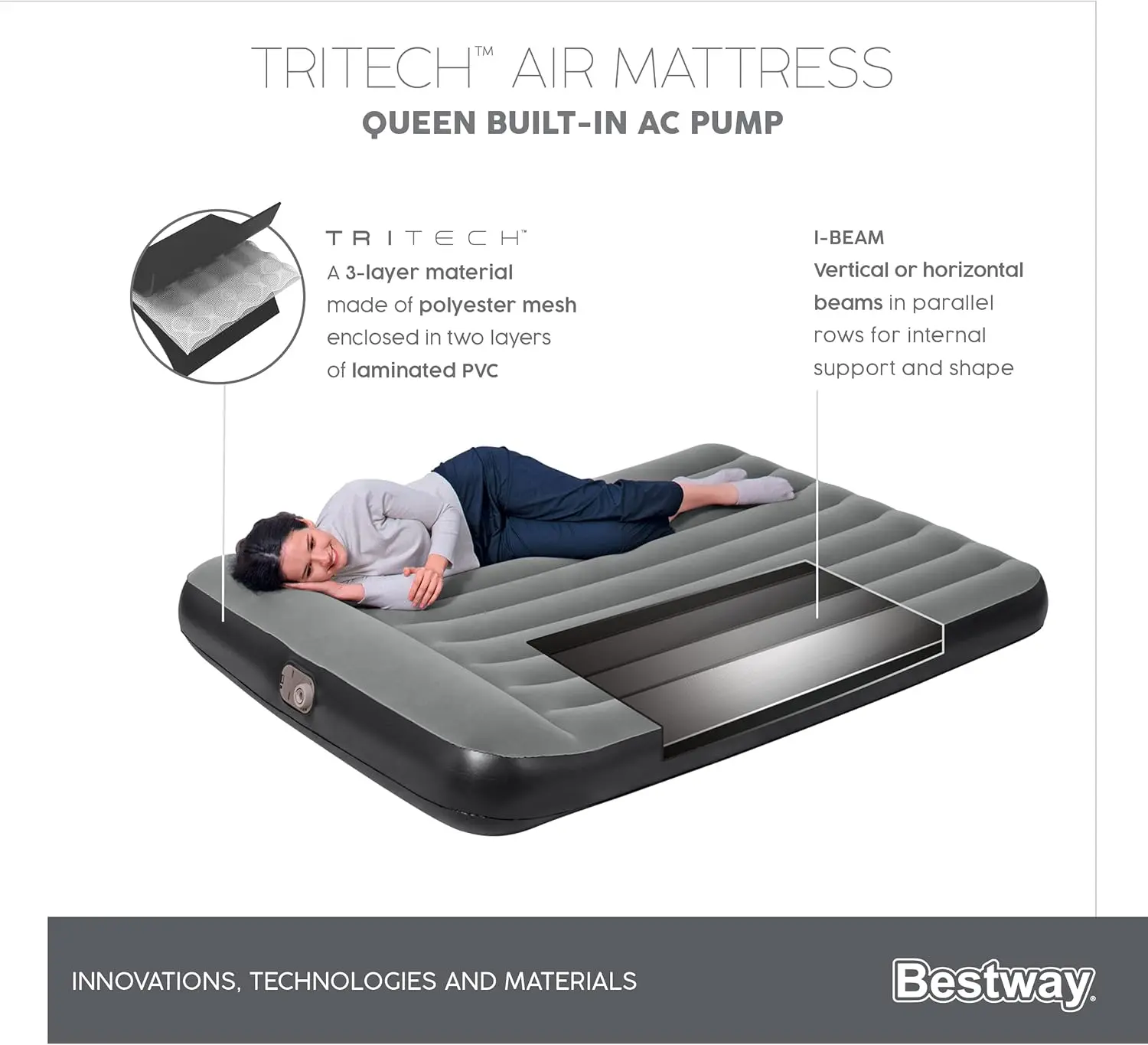 MATELAS 2PLACES AUTOGONFLANT CAMPING BESTWAY 67464 TRITECH 203x152x22CM AVEC OREILLER MAX 300KG